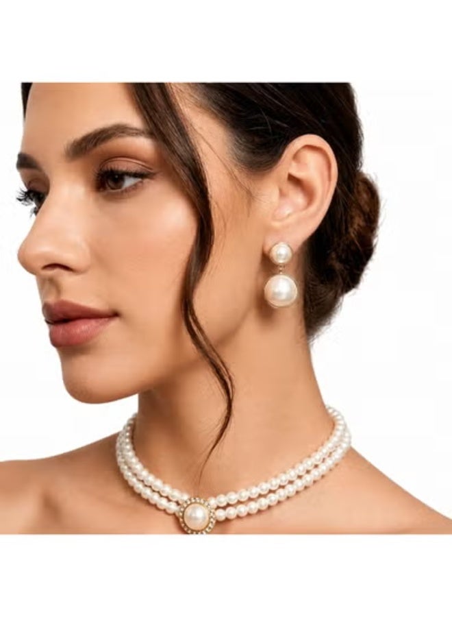 veya Elegant Women’s Jewelry Set Double Pearl Necklace with Matching Gold-Tone Earrings - Image 5