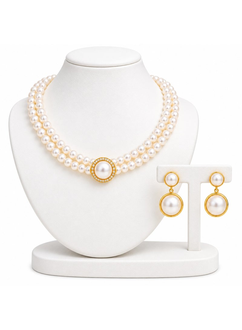 veya Elegant Women’s Jewelry Set Double Pearl Necklace with Matching Gold-Tone Earrings - Image 1