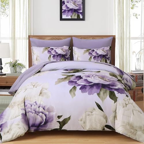 Dobuyly Purple Queen Comforter Set 7 Piece Bed in a Bag Queen, Purple Floral Printed on Light Purple Comforter Set with Sheets, Soft Microfiber Botanical Complete Bedding Set for All Season - Image 1