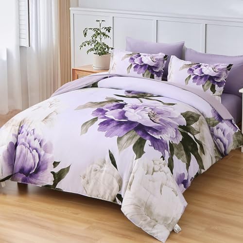 Dobuyly Purple Queen Comforter Set 7 Piece Bed in a Bag Queen, Purple Floral Printed on Light Purple Comforter Set with Sheets, Soft Microfiber Botanical Complete Bedding Set for All Season - Image 2