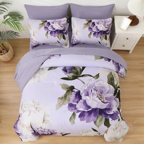 Dobuyly Purple Queen Comforter Set 7 Piece Bed in a Bag Queen, Purple Floral Printed on Light Purple Comforter Set with Sheets, Soft Microfiber Botanical Complete Bedding Set for All Season - Image 3