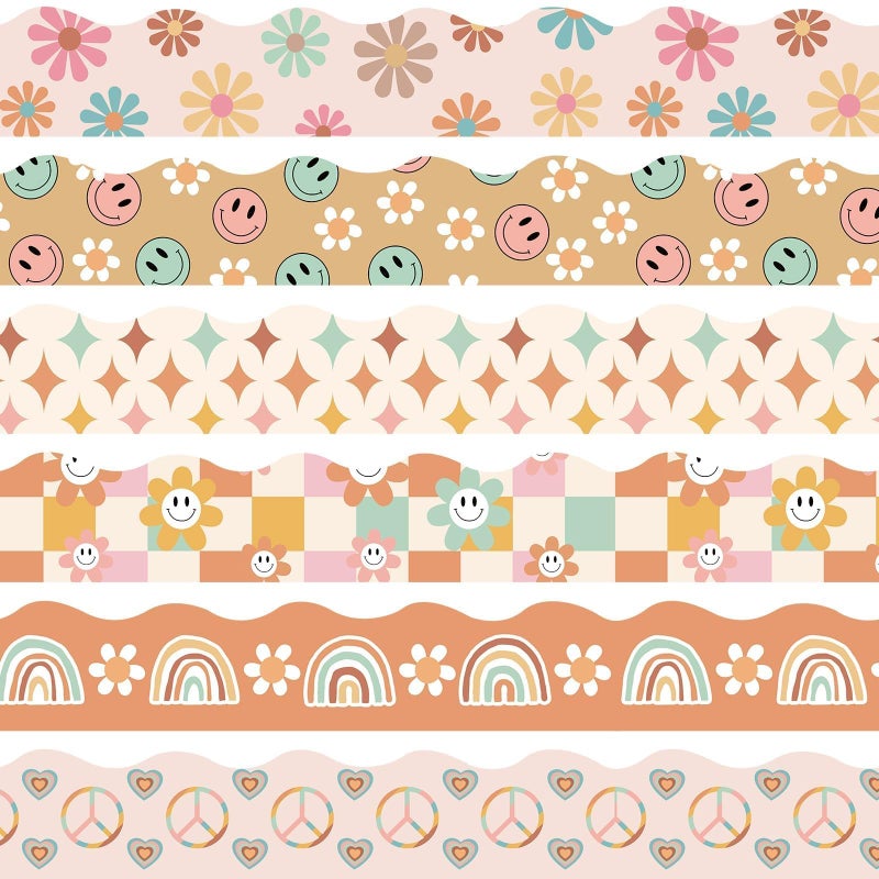 VABAMNA Boho Bulletin Board Borders Retro Classroom Decorations, 84Ft Groovy Bulletin Board Border Daisy Floral Rainbow Decor Colorful Scalloped Trim Border for Teacher School Supplies Classroom Decor - Image 1