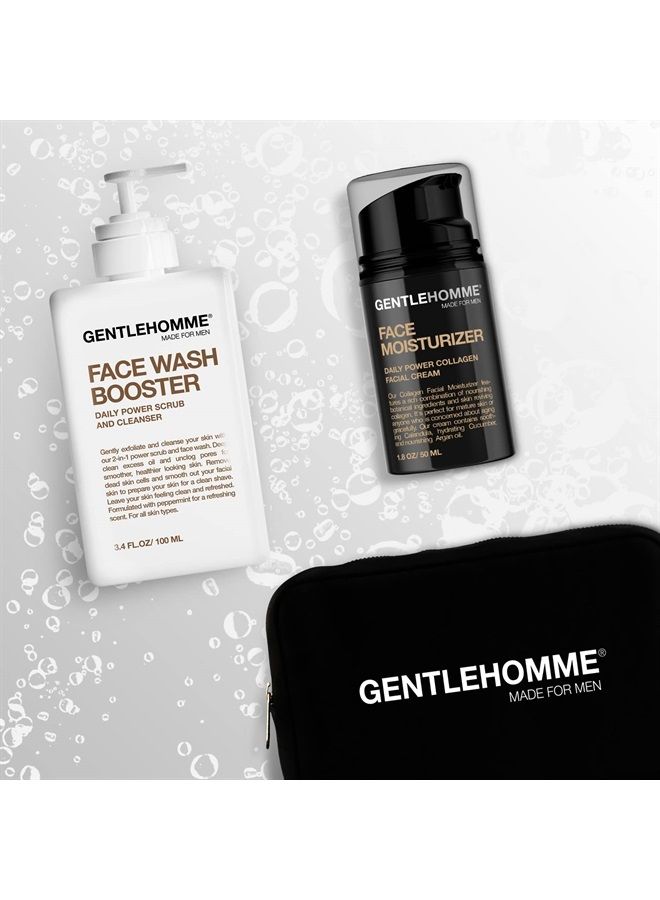 GENTLEHOMME Facial Kit - Pouch, Facial Cream & Cleanser for Men, Face Essentials for Travel, Men's Travel Skincare Set - Includes Facial Cream (1.8 oz), Exfoliating Face Wash Booster (3.4 oz) & Pouch - Image 1