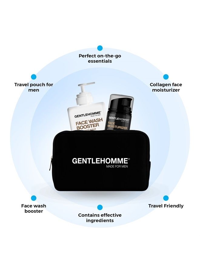 GENTLEHOMME Facial Kit - Pouch, Facial Cream & Cleanser for Men, Face Essentials for Travel, Men's Travel Skincare Set - Includes Facial Cream (1.8 oz), Exfoliating Face Wash Booster (3.4 oz) & Pouch - Image 2
