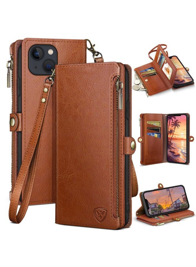 XcaseBar for iPhone 14 6.1" case with Zipper 【RFID Blocking】 Credit Card Holder, Flip Folio Book PU Leather Phone case Shockproof Cover Women Men for Apple 14 Wallet case Light Brown - Image 1