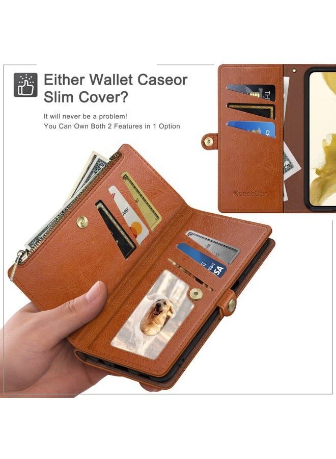 XcaseBar for iPhone 14 6.1" case with Zipper 【RFID Blocking】 Credit Card Holder, Flip Folio Book PU Leather Phone case Shockproof Cover Women Men for Apple 14 Wallet case Light Brown - Image 3