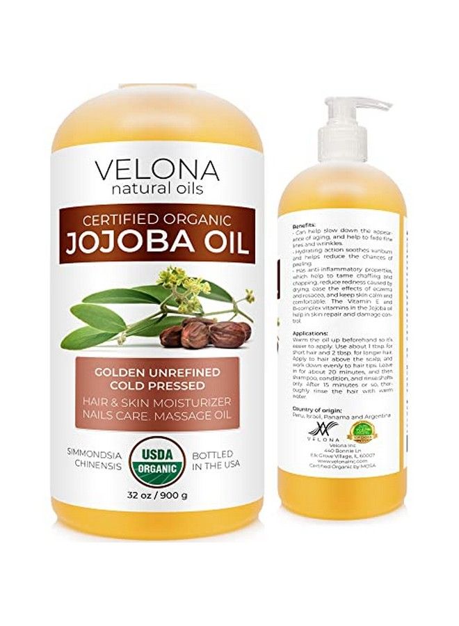 velona Jojoba Oil Usda Certified Organic 32 Oz (With Pump) | 100% Pure And Natural Carrier Oil| Golden Unrefined Cold Pressed Hexane Free | Moisturizing Face Hair Body Skin Care Stretch Marks Cuticles - Image 2