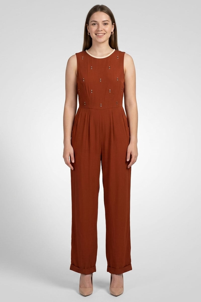 Harmont & Blaine Women Rhinestone Sleeveless Jumpsuit, Brown - Image 1