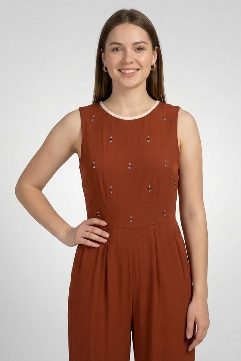 Harmont & Blaine Women Rhinestone Sleeveless Jumpsuit, Brown - Image 2