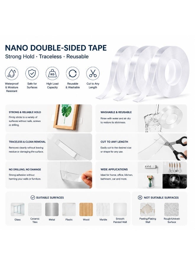 3 Rolls Heavy Duty Double Sided Nano Tape, Transparent Removable Mounting Tape, Washable Wall Tape, Strong Adhesive Tape for Home Office Kitchen DIY Use - Image 3