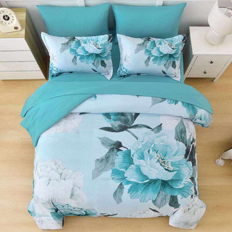 Dobuyly Floral Comforter Set King Size 7 Piece Bed in a Bag, Aqua Flowers on Light Blue Comforter Set with Sheets, Soft Microfiber Botanical Complete Bedding Set for All Season - Image 3
