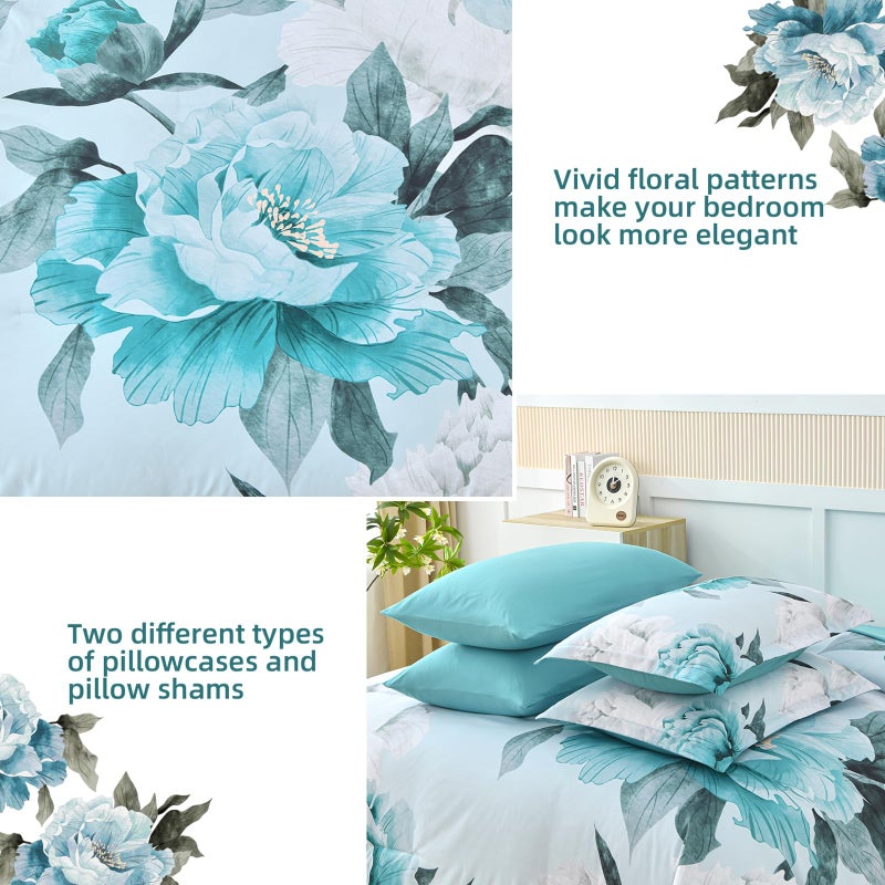 Dobuyly Floral Comforter Set King Size 7 Piece Bed in a Bag, Aqua Flowers on Light Blue Comforter Set with Sheets, Soft Microfiber Botanical Complete Bedding Set for All Season - Image 5