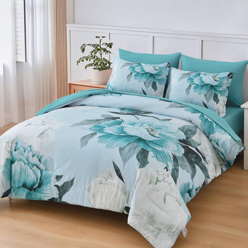 Dobuyly Floral Comforter Set King Size 7 Piece Bed in a Bag, Aqua Flowers on Light Blue Comforter Set with Sheets, Soft Microfiber Botanical Complete Bedding Set for All Season - Image 2