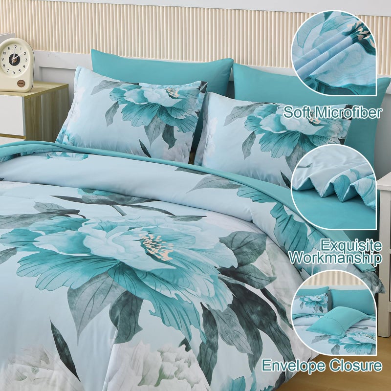 Dobuyly Floral Comforter Set King Size 7 Piece Bed in a Bag, Aqua Flowers on Light Blue Comforter Set with Sheets, Soft Microfiber Botanical Complete Bedding Set for All Season - Image 4