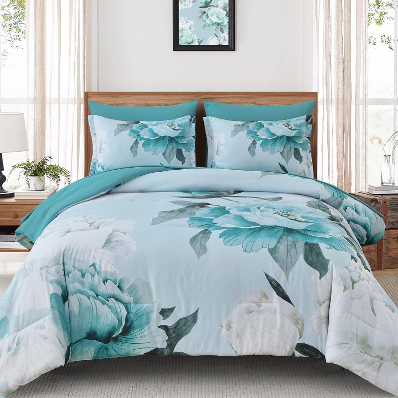 Dobuyly Floral Comforter Set King Size 7 Piece Bed in a Bag, Aqua Flowers on Light Blue Comforter Set with Sheets, Soft Microfiber Botanical Complete Bedding Set for All Season - Image 1