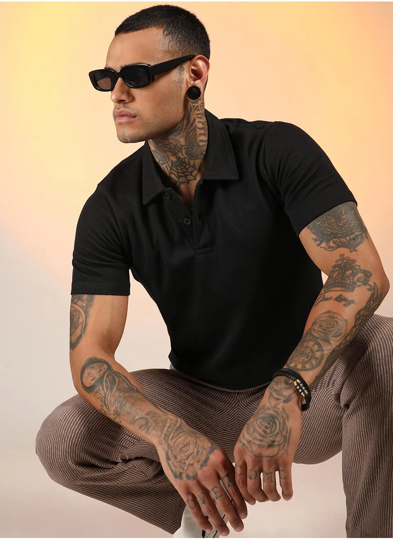 Campus Sutra Men's Onyx Black Ribbed Polo T-Shirt