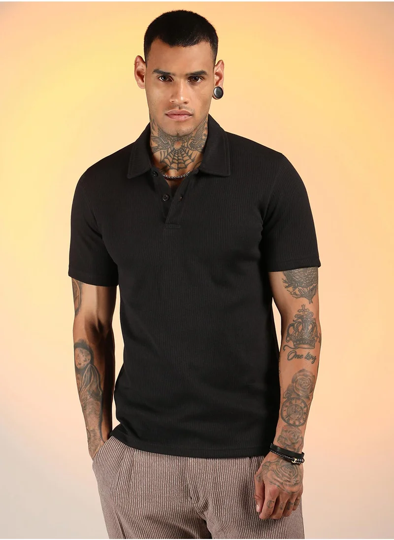 Campus Sutra Men's Onyx Black Ribbed Polo T-Shirt