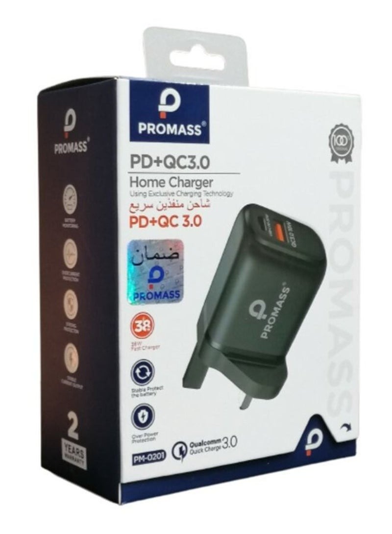 Original Wall Charger With Two Ports 1 USB And 1 PD Port Supports Fast Charging From Promass 38W Black Color - Image 4