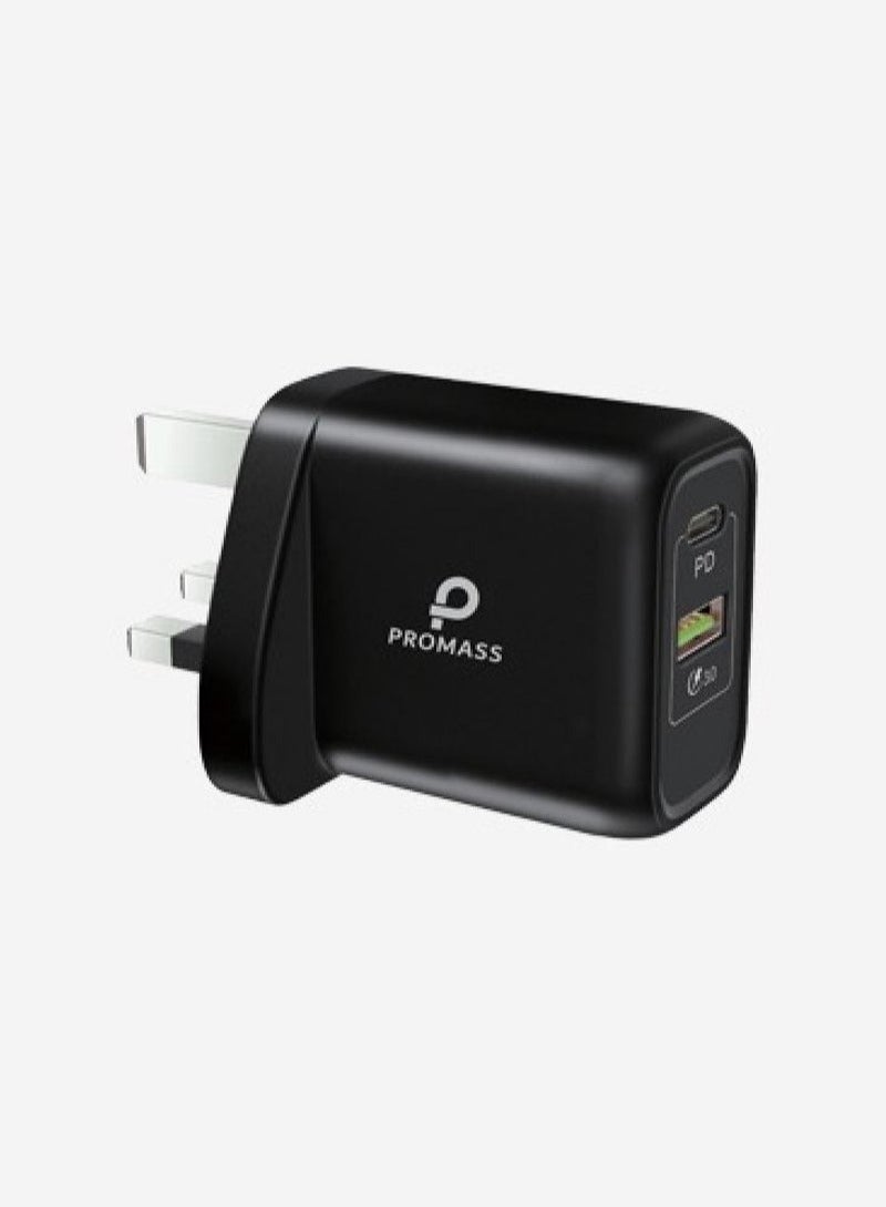 Original Wall Charger With Two Ports 1 USB And 1 PD Port Supports Fast Charging From Promass 38W Black Color - Image 1