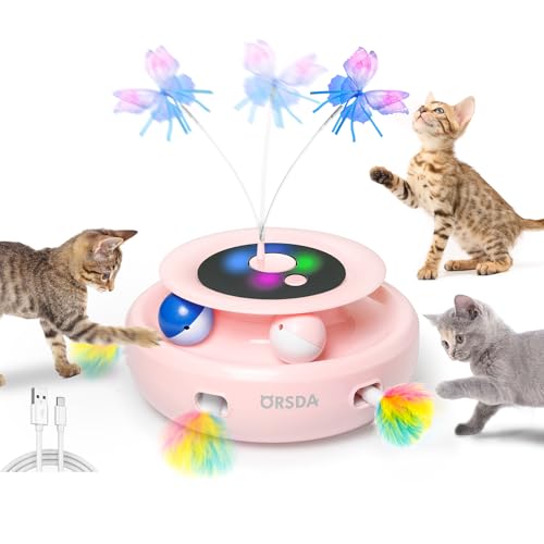 ORSDA Cat Toy 3in1 Automatic Interactive Electronic Moving Ambush Feather Fluttering Butterfly Track Balls USB Rechargeable Powered Smart Indoor Exercise Kicker - Image 1