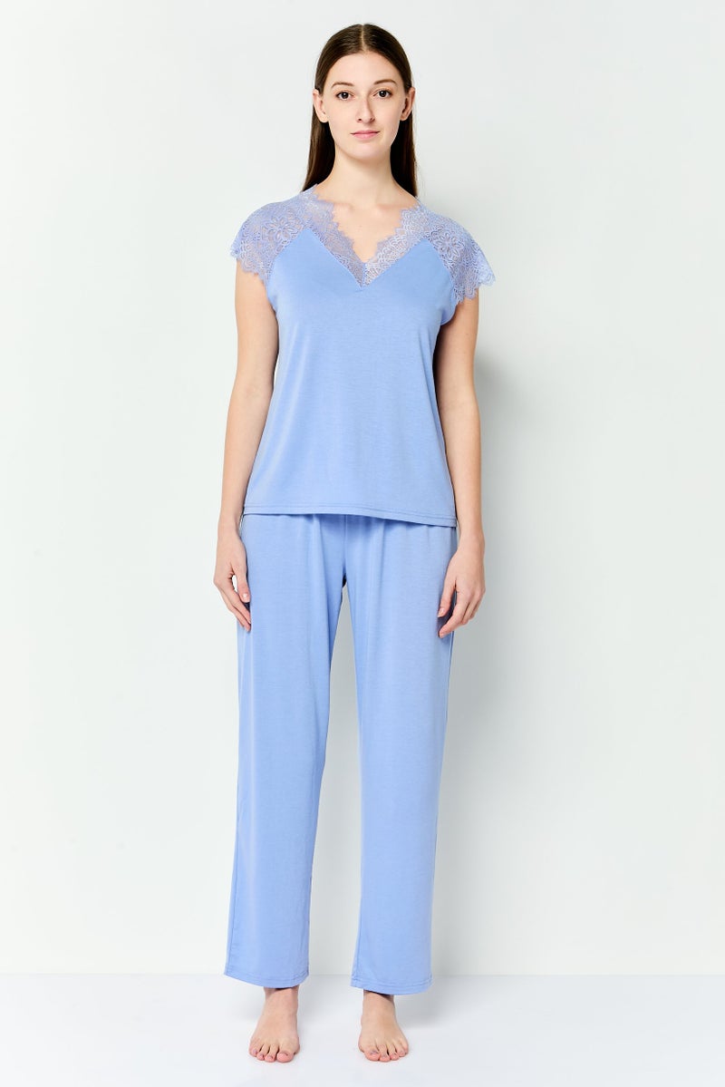 FOREVER 21 Women 2 Pieces Sleepwear Pyjama Top and Pants Set, Blue - Image 1