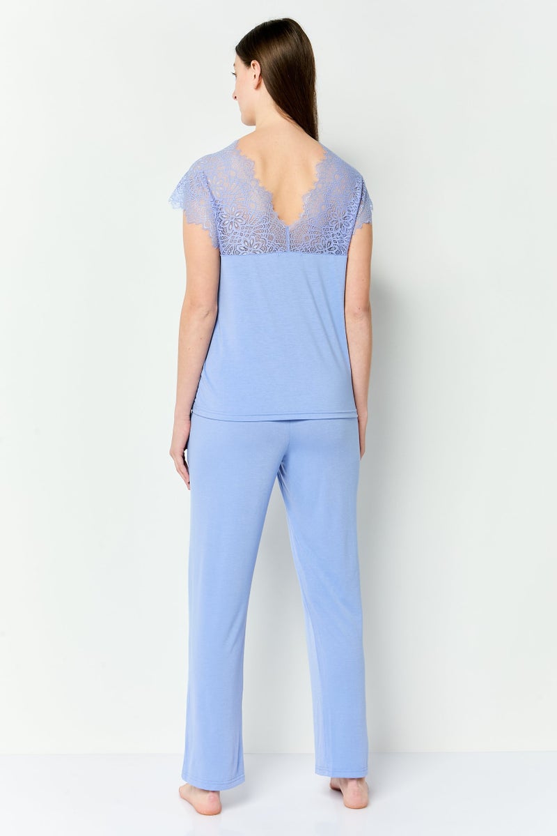 FOREVER 21 Women 2 Pieces Sleepwear Pyjama Top and Pants Set, Blue - Image 4