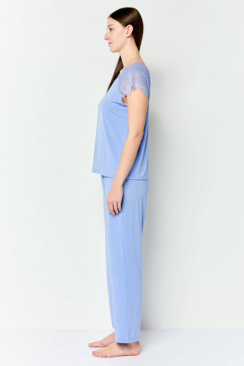 FOREVER 21 Women 2 Pieces Sleepwear Pyjama Top and Pants Set, Blue - Image 2