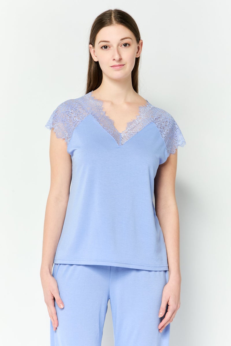 FOREVER 21 Women 2 Pieces Sleepwear Pyjama Top and Pants Set, Blue - Image 3