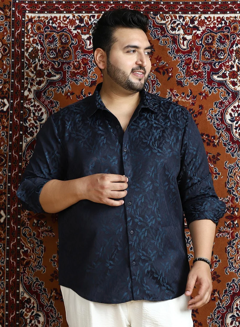 Instafab Plus Instafab Plus Men's Indigo Blue Foliage Self-Woven Shirt For Casual Wear | Spread Collar | Long Cuffed Sleeves | Button Closure | Plus Size Shirt Crafted With Comfort Fit For Everyday Wear