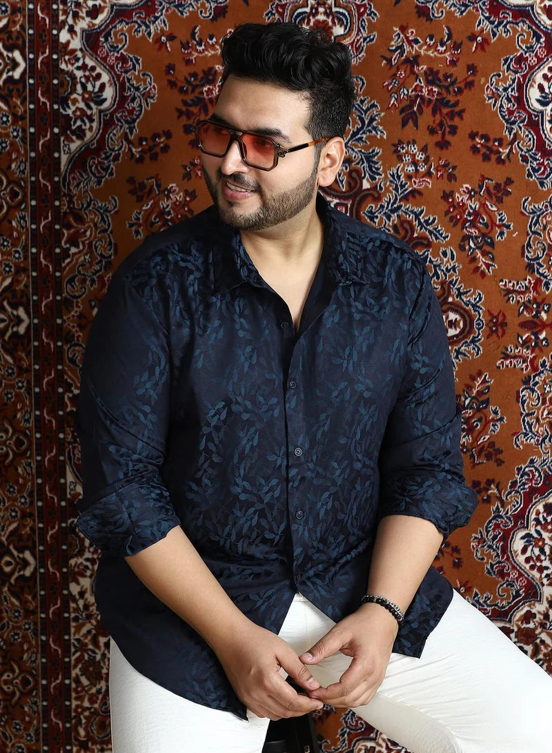 Instafab Plus Instafab Plus Men's Indigo Blue Foliage Self-Woven Shirt For Casual Wear | Spread Collar | Long Cuffed Sleeves | Button Closure | Plus Size Shirt Crafted With Comfort Fit For Everyday Wear