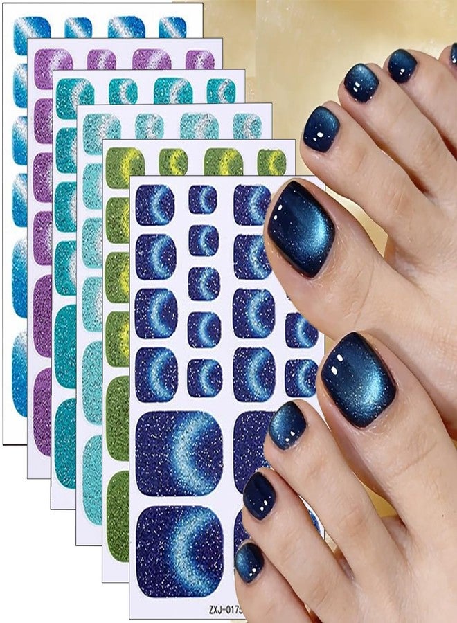 UCCASA 6PCS Full Toe Nail Wraps Summer Colorful Gradient Polish Toenail Stickers Glitter Toenails Strips Gel Nail Stickers Purple Blue French Design Self-Adhesive Nail Decals for Women Nail Art Decoration - Image 1