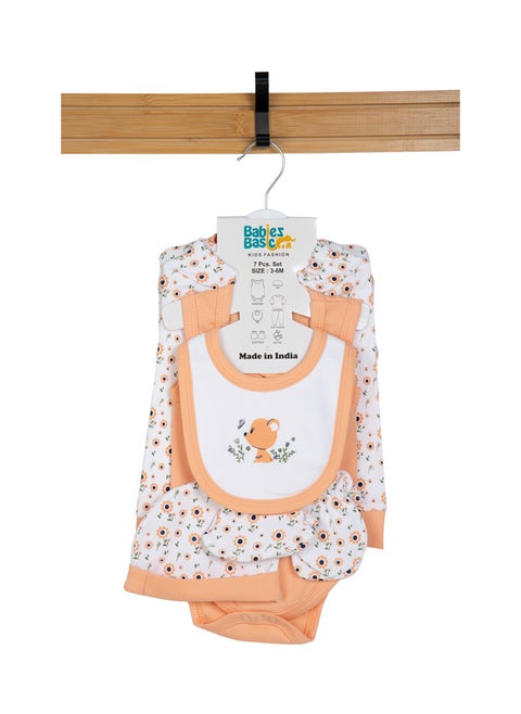 7 Piece Unisex 100% Cotton Set Include Bib, Socks, Mitten, Cap, Romper, Top And Bottom Set, Peach