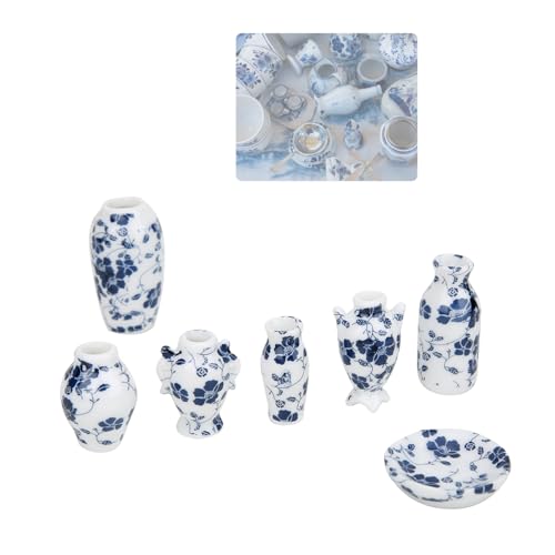 KUIDAMOS Doll House Vase Blue and White Porcelain Chinese Style 7pc Set Mini Vase 112 Scale - Image 1