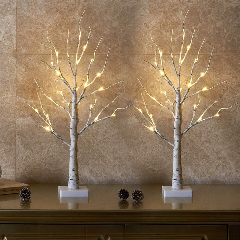 Eambrite Set of 2 Small Birch Twig Tree Lights Photo Display Tree with 24 Warm White LEDs Battery Operated Tabletop Decoration for Xmas Home Party Wedding 60cm2ft
