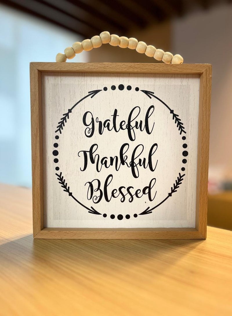 Words Co. Grateful Thankful Blessed Wall Art Frame - Rustic Wood & Bead Decor - 20x20cm