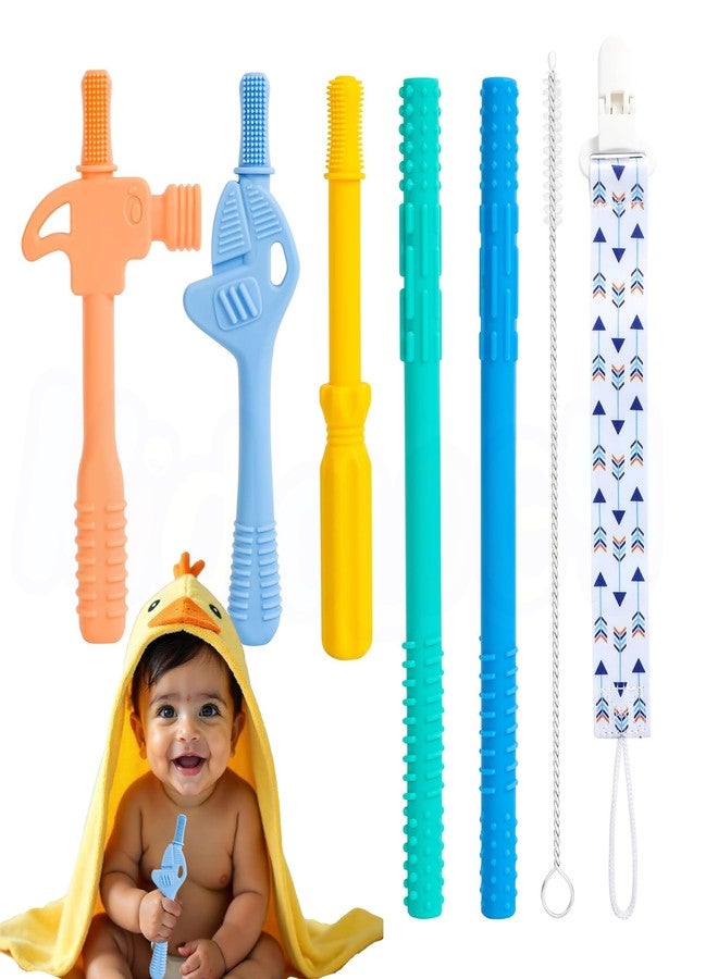 Kidology Baby Teether Tube, Chew Straws for Toddlers 6-12 Months, Hammer Wrench Shape Gift for Boys Girls BPA Free Silicone Baby Molar Teether Chew Toys, 5 Pack Teething Toys - Image 1