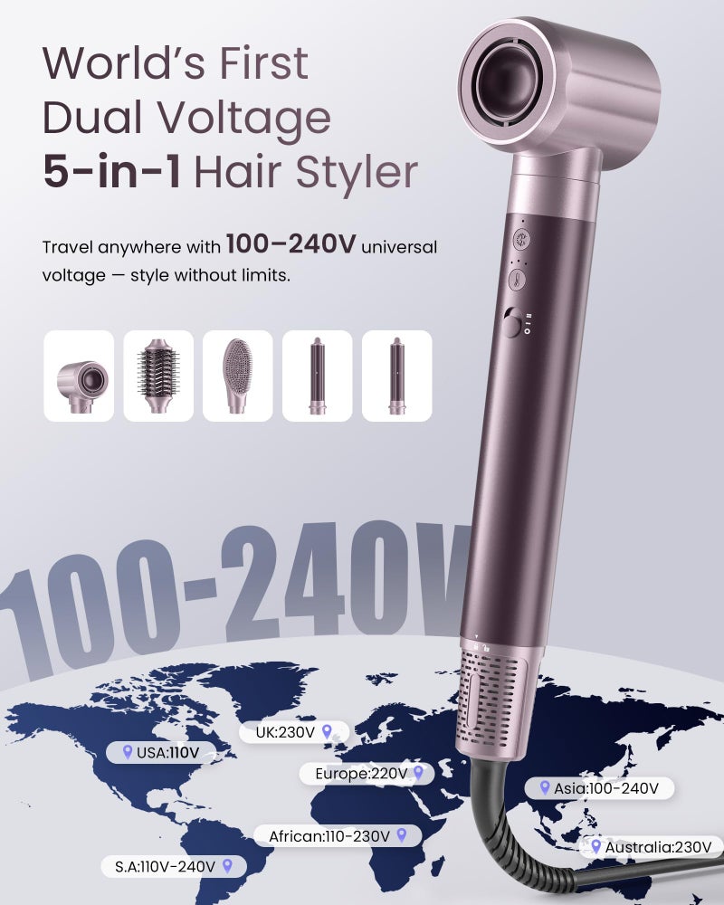 MESCOMB Dual Voltage Hair Dryer Brush for Travel, 5 in 1 Air Styler with High-Speed Blow Dryer, Anti-Frizz, Compact, 100V-240V for Worldwide Use, Includes Travel Bag (Purple) - Image 2