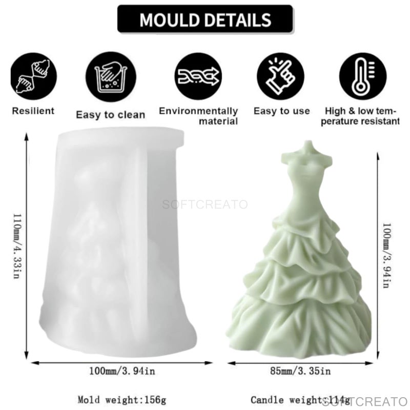 SOFTCREATO Candle Mold I 3D Women Wedding Dress Shape Silicone Scented Wax Mould I for DIY Handmade Ornament, Cake Décor, Aromatherapy, Soap, Resin Art Craft Making Wedding Party Decoration (B) - Image 3