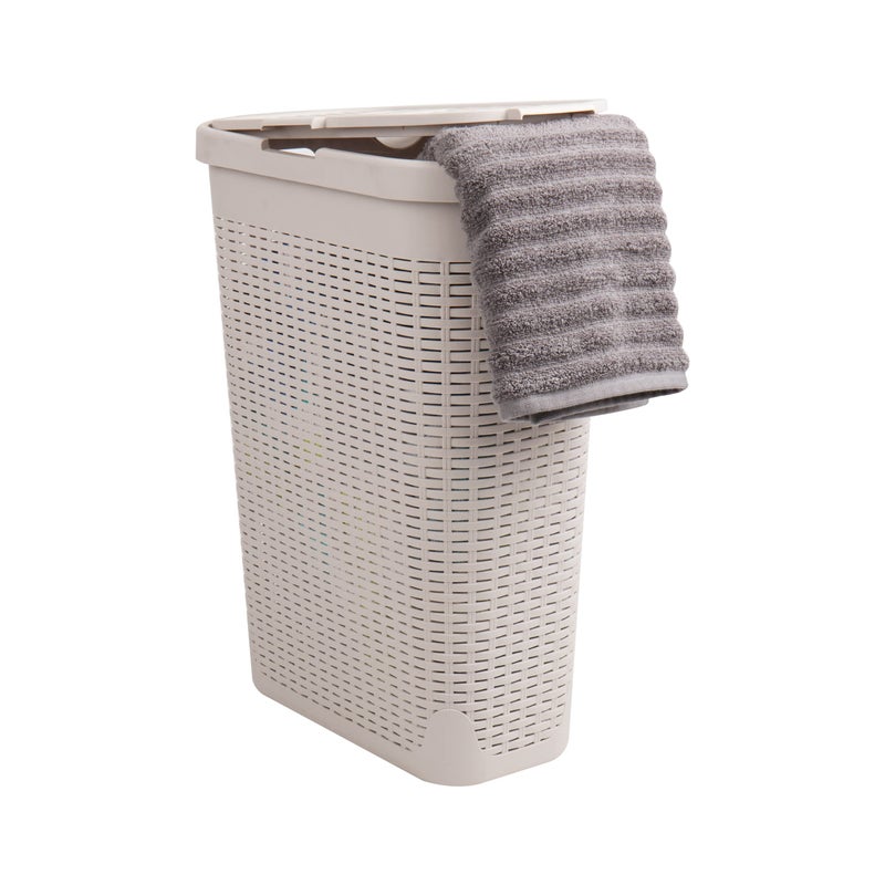 Mind Reader Slim Laundry Hamper with Lid, 40L Clothes Basket, Premium Wicker Design, Plastic, Ivory - Image 1