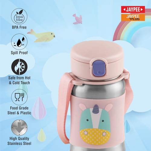 JAYPEE Lil Buds Baby Sipper Bottle for Kids |Food Grade Inner Stainless Steel with Straw|Better Grip with Silicone Cladding|Adjustable Strap for Easy Carry|Drinking Sipper, Pink - Image 3
