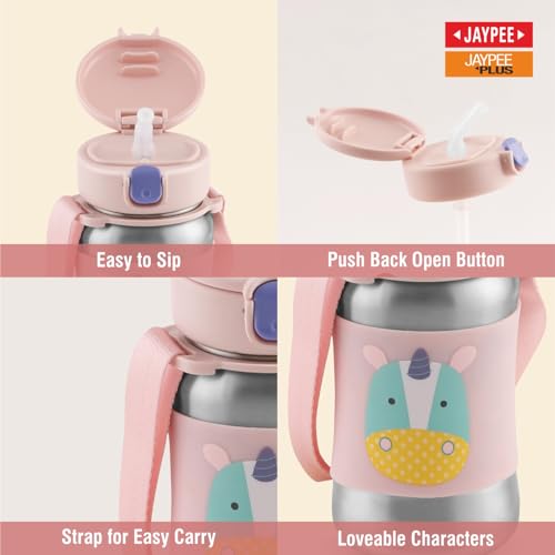 JAYPEE Lil Buds Baby Sipper Bottle for Kids |Food Grade Inner Stainless Steel with Straw|Better Grip with Silicone Cladding|Adjustable Strap for Easy Carry|Drinking Sipper, Pink - Image 5
