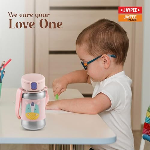 JAYPEE Lil Buds Baby Sipper Bottle for Kids |Food Grade Inner Stainless Steel with Straw|Better Grip with Silicone Cladding|Adjustable Strap for Easy Carry|Drinking Sipper, Pink - Image 2