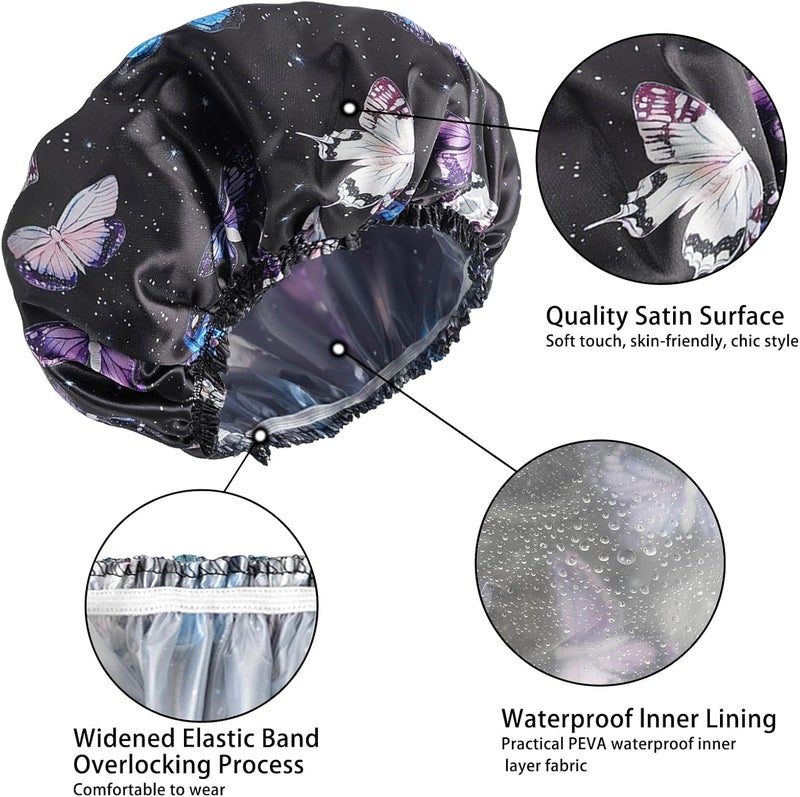 CHFONG Shower Cap for Women,4 PCS Elastic and Reusable Bath Caps, Double Layers Shower Caps Reusable Waterproof, Bathing Shower Caps, Environmental Bath Hair Protection Cap - Butterfly B - Image 5