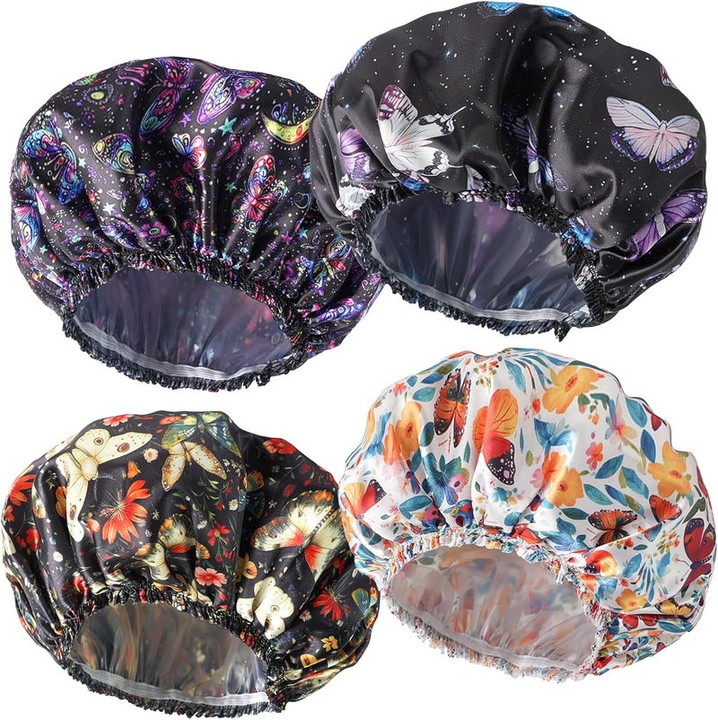 CHFONG Shower Cap for Women,4 PCS Elastic and Reusable Bath Caps, Double Layers Shower Caps Reusable Waterproof, Bathing Shower Caps, Environmental Bath Hair Protection Cap - Butterfly B - Image 1