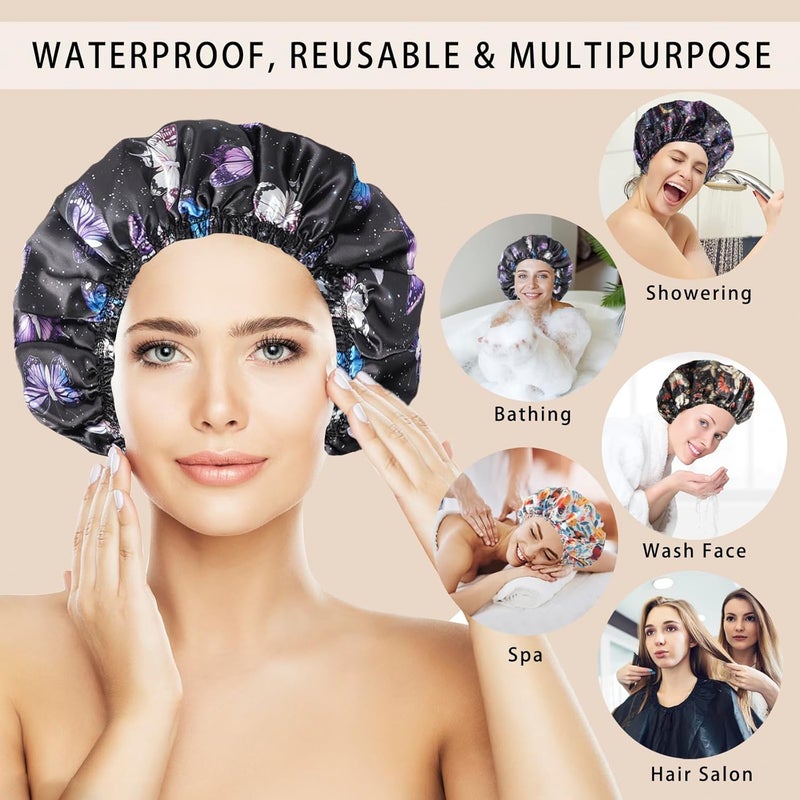 CHFONG Shower Cap for Women,4 PCS Elastic and Reusable Bath Caps, Double Layers Shower Caps Reusable Waterproof, Bathing Shower Caps, Environmental Bath Hair Protection Cap - Butterfly B - Image 3