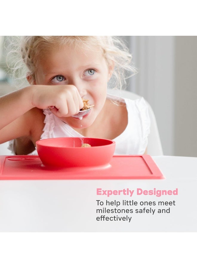 ezpz Happy Bowl (Coral) - 100% Silicone Suction Bowl with Built-in Placemat for Toddlers + Preschoolers - Dishwasher Safe - Image 4