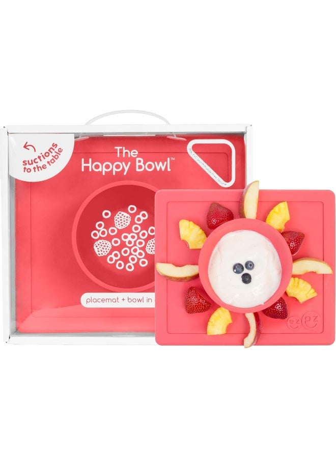 ezpz Happy Bowl (Coral) - 100% Silicone Suction Bowl with Built-in Placemat for Toddlers + Preschoolers - Dishwasher Safe - Image 1