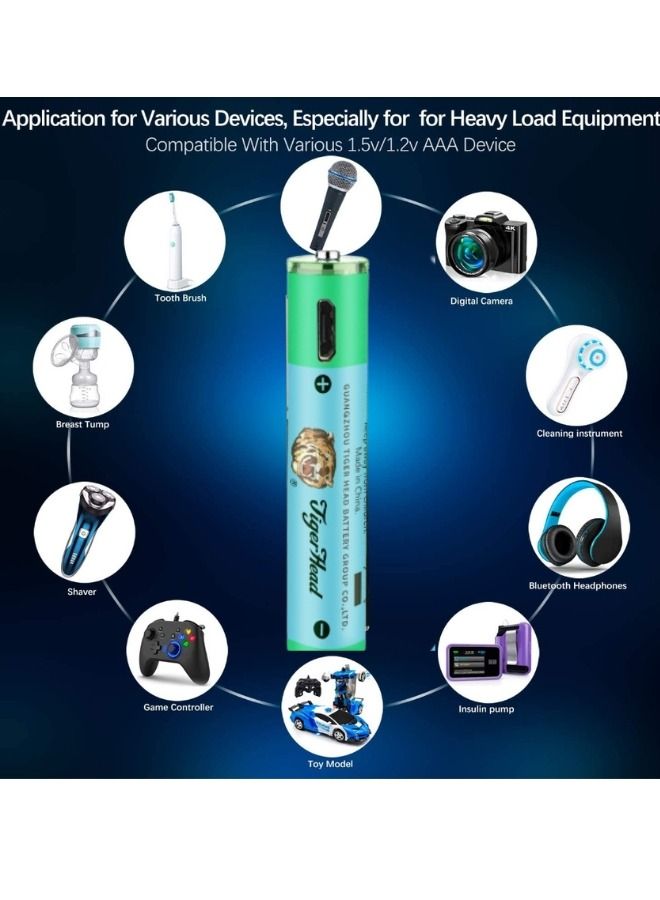 Tiger Head Rechargeable AAA Batteries set 40 Rechargeable AA Lithium Batteries,2 H USB Fast Charging,Constant Output 1.5V,800mWh,1000 Cycles Lifespan Lithium AAA Batteries - Image 3