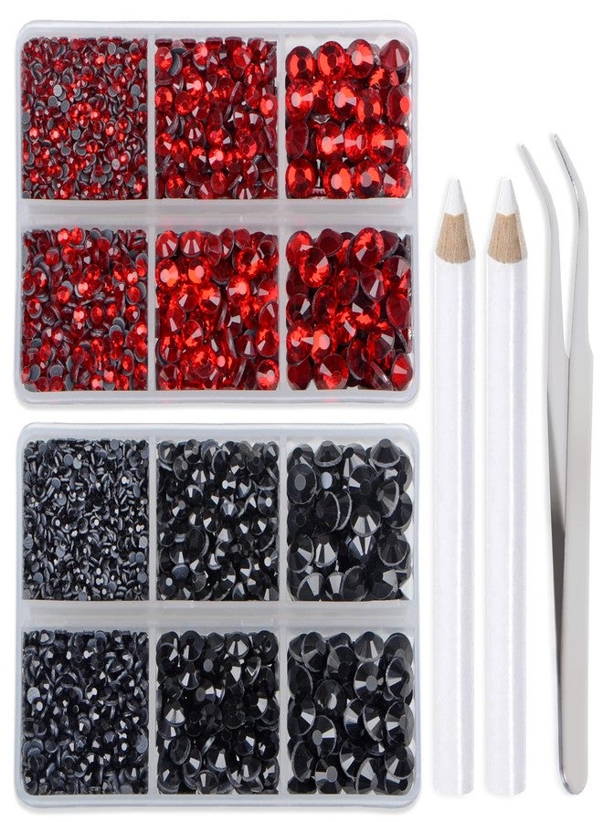 LPBeads 6400 Pieces Black and Red Hotfix Rhinestones Flat Back 5 Mixed Sizes Crystal Round Glass Gems with Tweezers and Picking Rhinestones Pen - Image 1