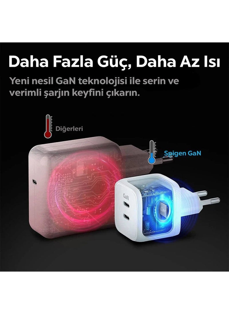 Spigen - 45W GaN USB-C 2 Port Mini Adapter - Samsung PPS 2.0 Supported Fast Charger for iPhone & Android & iPad & MacBook Type-C PE2105 White - ACH03717 - Image 1